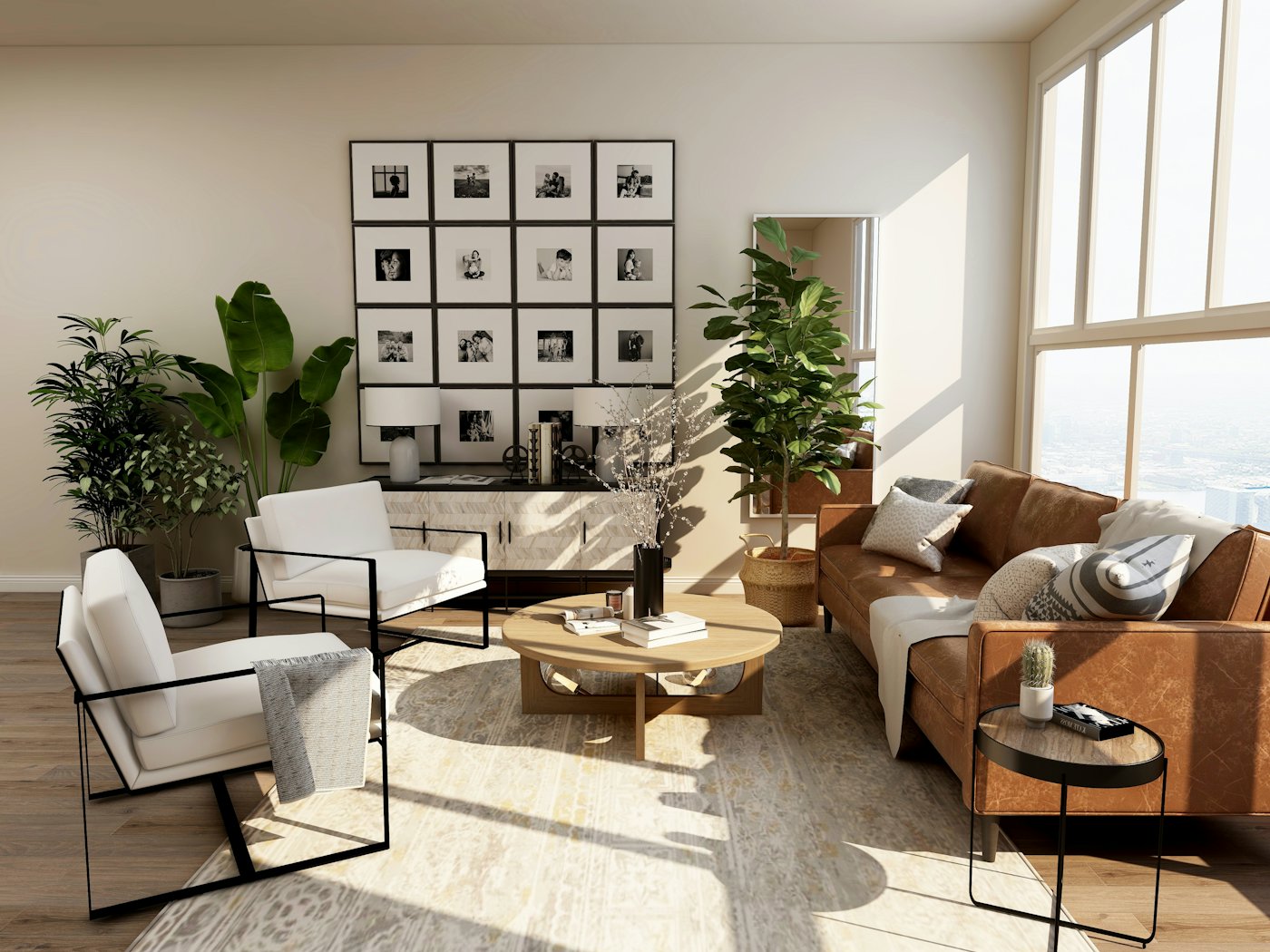 Warm, softly-lit contemporary living room with natural materials